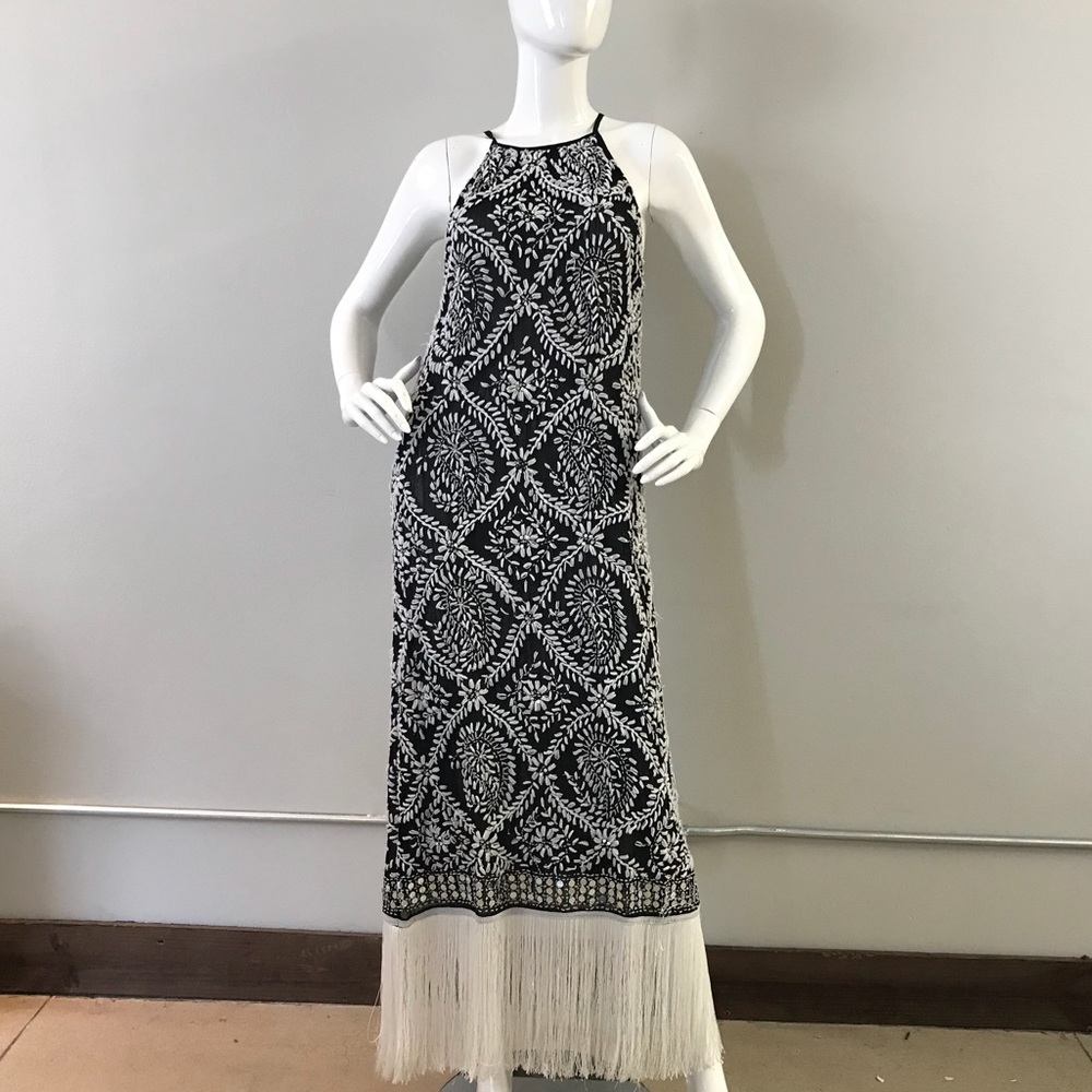 Beautiful Embroidered Long Black Fringe Dress